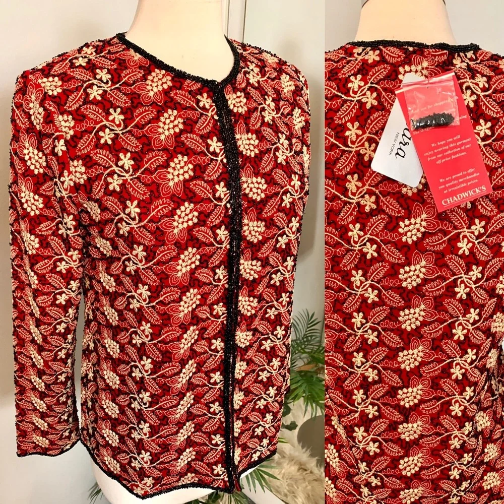 Beaded Jacket NWT S J Kara Chadwick’s Red Black Gold Embroidered Christmas